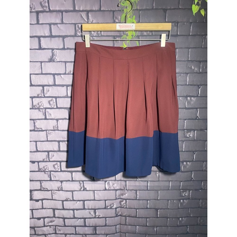 J. Crew Pleated Color Block Crepe Maroon and Navy Above the Knee Skirt 12